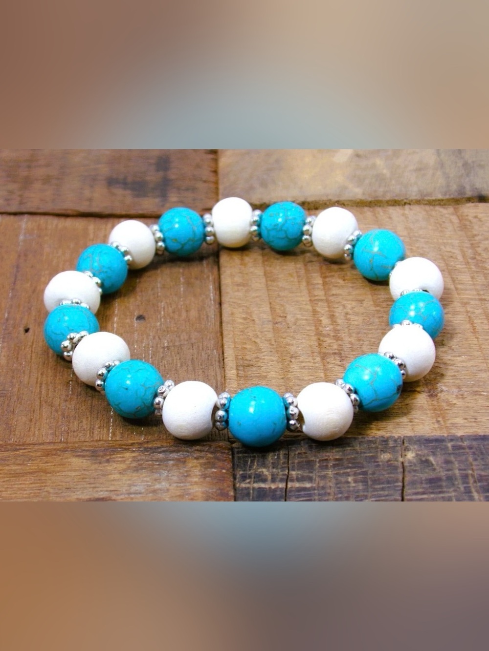 Turquoise stone and white wood beaded stretch bracelet w silver spacer beads New